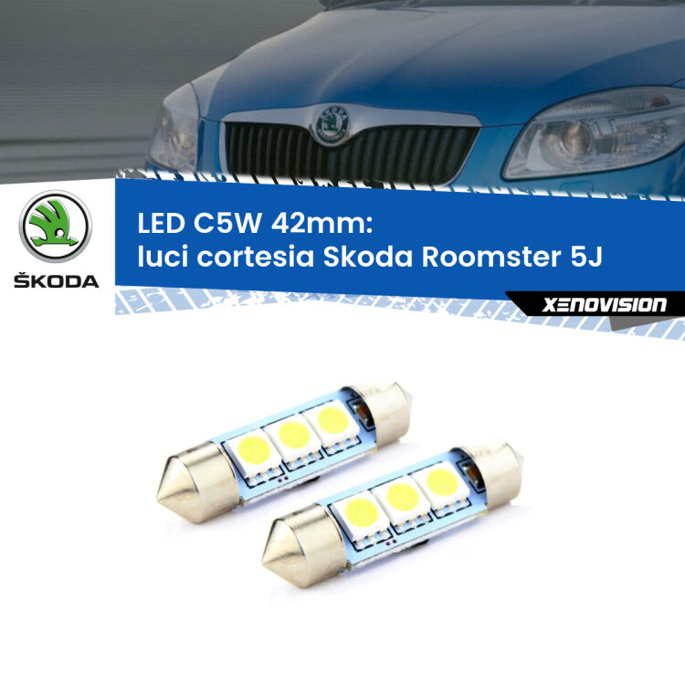 0 Luci Cortesia LED c5w 41mm Skoda Roomster 5J 2006 - 2015 (Coppia) <strong>Luci Cortesia LED per Skoda Roomster</strong> 5J 2006 - 2015. Coppia lampade <strong>C5W</strong> 41mm estremamente longeve.