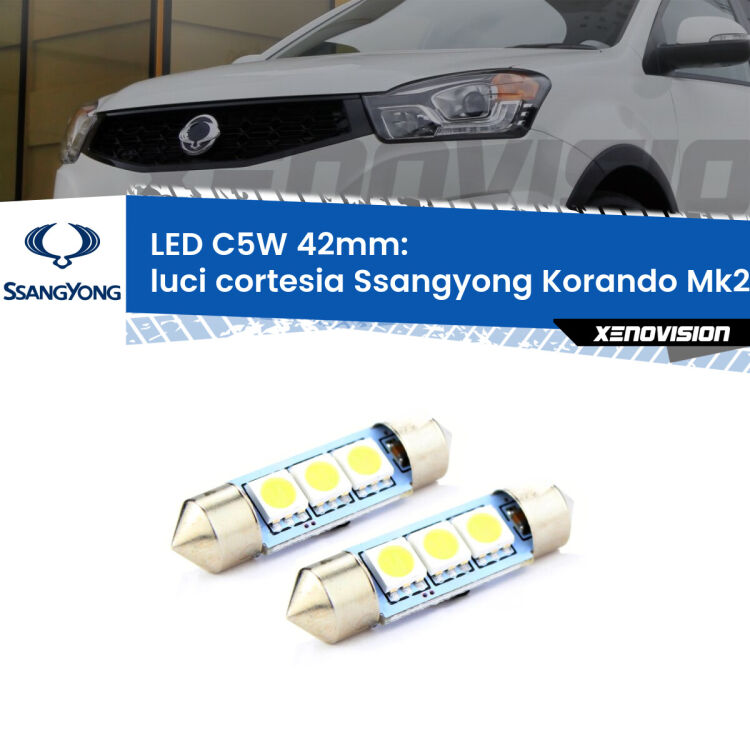 0 Luci Cortesia LED c5w 41mm Ssangyong Korando Mk2 1996 - 2006 (Coppia) <strong>Luci Cortesia LED per Ssangyong Korando</strong> Mk2 1996 - 2006. Coppia lampade <strong>C5W</strong> 41mm estremamente longeve.