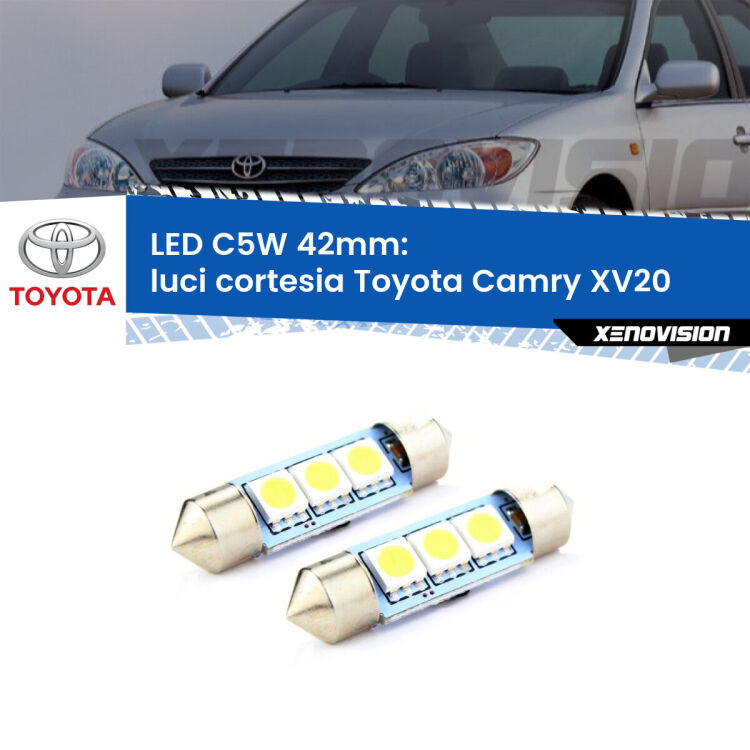 0 Luci Cortesia LED c5w 41mm Toyota Camry XV20 1996 - 2001 (Coppia) <strong>Luci Cortesia LED per Toyota Camry</strong> XV20 1996 - 2001. Coppia lampade <strong>C5W</strong> 41mm estremamente longeve.