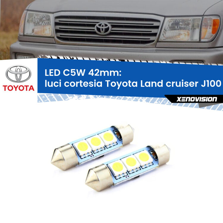 0 Luci Cortesia LED c5w 41mm Toyota Land cruiser J100 1998 - 2007 (Coppia) <strong>Luci Cortesia LED per Toyota Land cruiser</strong> J100 1998 - 2007. Coppia lampade <strong>C5W</strong> 41mm estremamente longeve.
