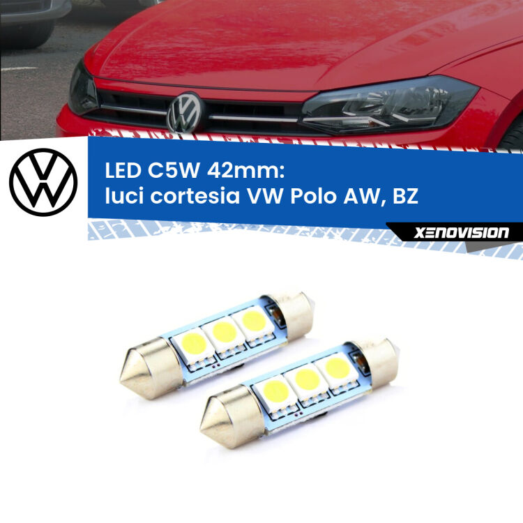 0 Luci Cortesia LED c5w 41mm VW Polo AW, BZ 2017 in poi (Coppia) <strong>Luci Cortesia LED per VW Polo</strong> AW, BZ 2017 in poi. Coppia lampade <strong>C5W</strong> 41mm estremamente longeve.