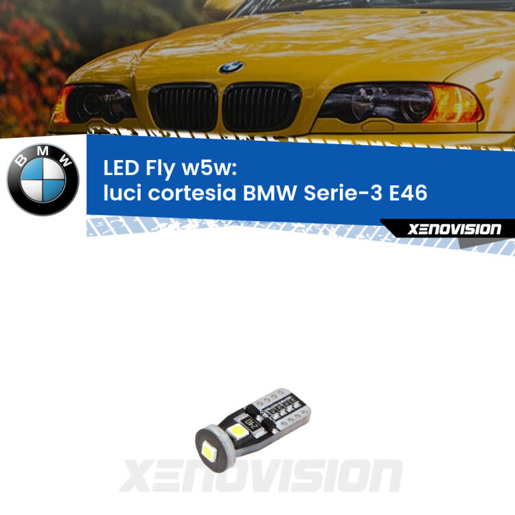 <strong>luci cortesia LED per BMW Serie-3</strong> E46 centrali. Coppia lampadine <strong>w5w</strong> Canbus compatte modello Fly Xenovision.