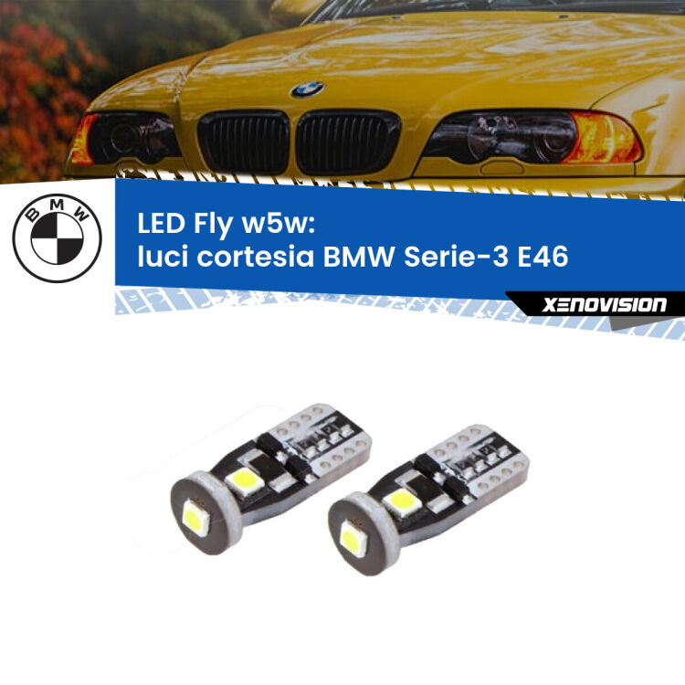 0 Luci Cortesia LED centrali BMW Serie-3 E46: W5W Fly <strong>luci cortesia LED per BMW Serie-3</strong> E46 centrali. Coppia lampadine <strong>w5w</strong> Canbus compatte modello Fly Xenovision.
