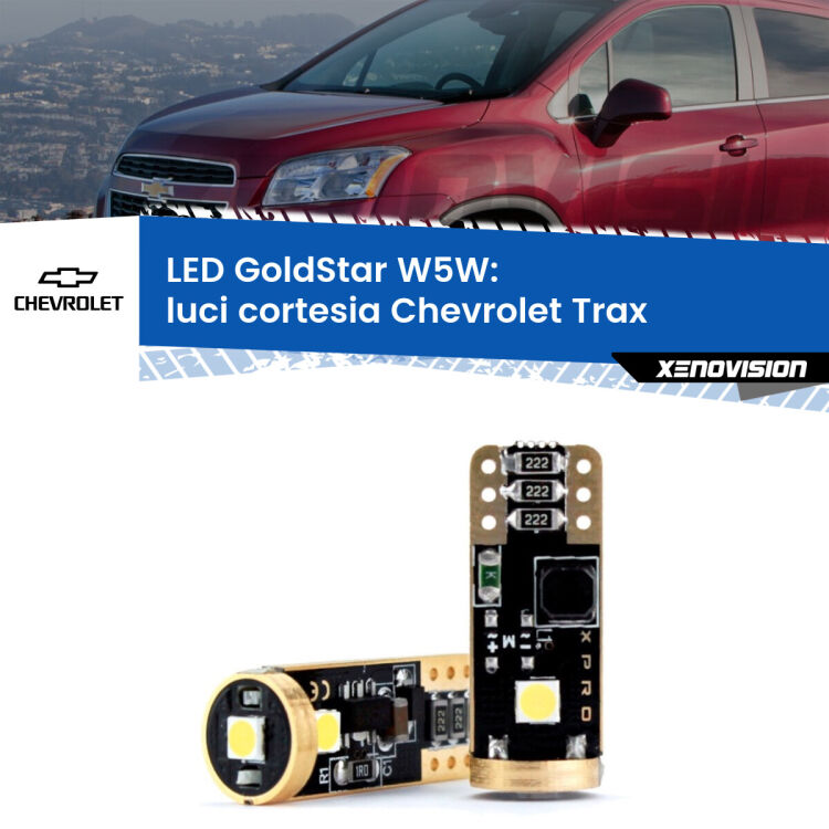 0 Luci Cortesia LED Chevrolet Trax 2012 in poi: T10 GoldStar <strong>Luci Cortesia LED Chevrolet Trax</strong> 2012 in poi: ottima luminosità a 360 gradi. Si inseriscono ovunque. Canbus, Top Quality.