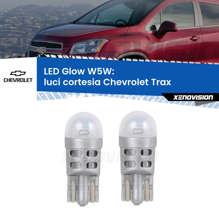0 Luci Cortesia LED Chevrolet Trax 2012 in poi: W5W Glow a Luce Calda <strong>Luci Cortesia LED luce calda per Chevrolet Trax</strong> 2012 in poi. Coppia lampade <strong>W5W</strong> modello Glow di Xenovision.