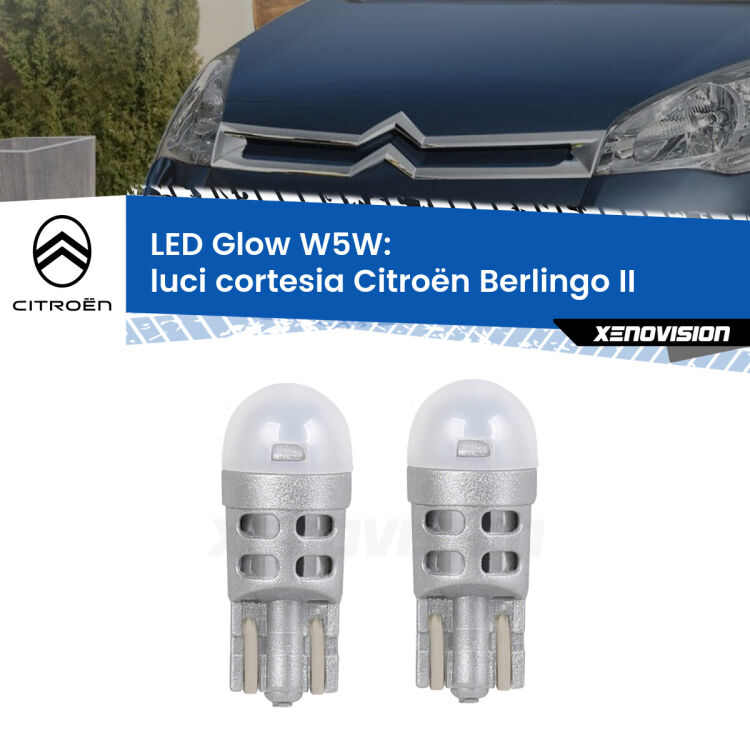 Luci Cortesia LED Citroën Berlingo II 2008 - 2017: W5W Glow a Luce Calda <strong>Luci Cortesia LED luce calda per Citroën Berlingo</strong> II 2008 - 2017. Coppia lampade <strong>W5W</strong> modello Glow di Xenovision.