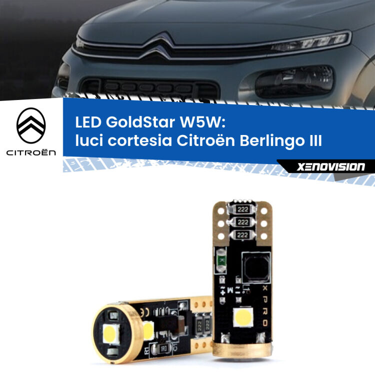 0 Luci Cortesia LED Citroën Berlingo III 2018 in poi: T10 GoldStar <strong>Luci Cortesia LED Citroën Berlingo</strong> III 2018 in poi: ottima luminosità a 360 gradi. Si inseriscono ovunque. Canbus, Top Quality.