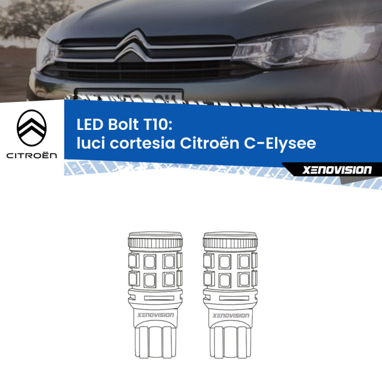 0 Luci Cortesia LED Citroën C-Elysee  2012 in poi: T10 Bolt <strong>Luci Cortesia LED per Citroën C-Elysee</strong>  2012 in poi. Coppia lampade <strong>T10</strong> modello Bolt canbus.