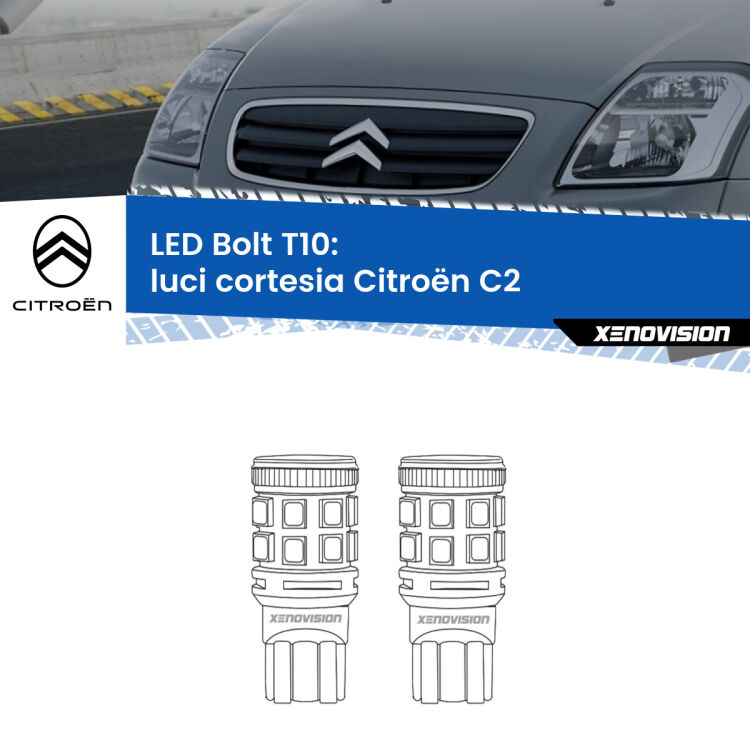 0 Luci Cortesia LED Citroën C2 2003 - 2009: T10 Bolt <strong>Luci Cortesia LED per Citroën C2</strong> 2003 - 2009. Coppia lampade <strong>T10</strong> modello Bolt canbus.