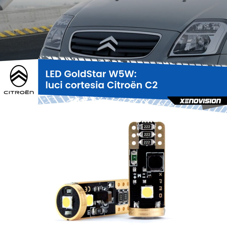 0 Luci Cortesia LED Citroën C2 2003 - 2009: T10 GoldStar <strong>Luci Cortesia LED Citroën C2</strong> 2003 - 2009: ottima luminosità a 360 gradi. Si inseriscono ovunque. Canbus, Top Quality.