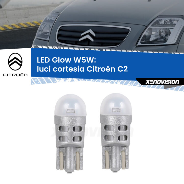 0 Luci Cortesia LED Citroën C2 2003 - 2009: W5W Glow a Luce Calda <strong>Luci Cortesia LED luce calda per Citroën C2</strong> 2003 - 2009. Coppia lampade <strong>W5W</strong> modello Glow di Xenovision.