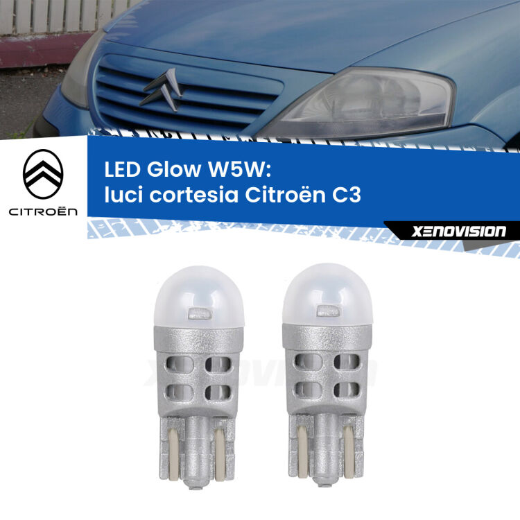 0 Luci Cortesia LED Citroën C3 2002 - 2009: W5W Glow a Luce Calda <strong>Luci Cortesia LED luce calda per Citroën C3</strong> 2002 - 2009. Coppia lampade <strong>W5W</strong> modello Glow di Xenovision.