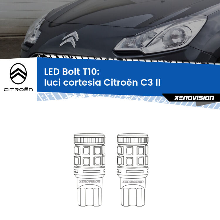 0 Luci Cortesia LED Citroën C3 II 2009 - 2016: T10 Bolt <strong>Luci Cortesia LED per Citroën C3</strong> II 2009 - 2016. Coppia lampade <strong>T10</strong> modello Bolt canbus.