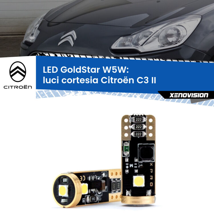 0 Luci Cortesia LED Citroën C3 II 2009 - 2016: T10 GoldStar <strong>Luci Cortesia LED Citroën C3</strong> II 2009 - 2016: ottima luminosità a 360 gradi. Si inseriscono ovunque. Canbus, Top Quality.