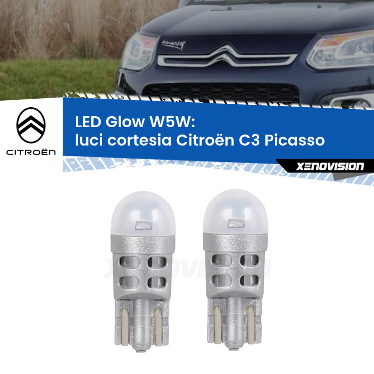 0 Luci Cortesia LED Citroën C3 Picasso 2009 - 2016: W5W Glow a Luce Calda <strong>Luci Cortesia LED luce calda per Citroën C3 Picasso</strong> 2009 - 2016. Coppia lampade <strong>W5W</strong> modello Glow di Xenovision.