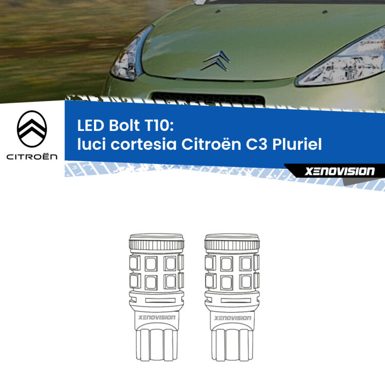 0 Luci Cortesia LED Citroën C3 Pluriel  2003 - 2010: T10 Bolt <strong>Luci Cortesia LED per Citroën C3 Pluriel</strong>  2003 - 2010. Coppia lampade <strong>T10</strong> modello Bolt canbus.
