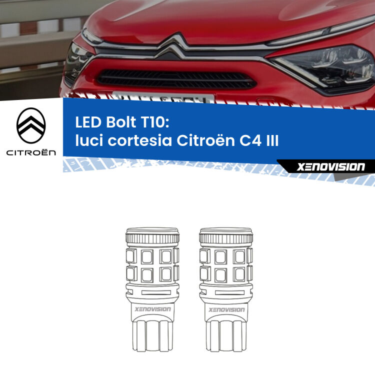 0 Luci Cortesia LED Citroën C4 III 2020 in poi: T10 Bolt <strong>Luci Cortesia LED per Citroën C4</strong> III 2020 in poi. Coppia lampade <strong>T10</strong> modello Bolt canbus.