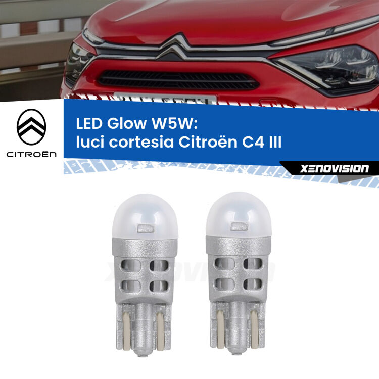 0 Luci Cortesia LED Citroën C4 III 2020 in poi: W5W Glow a Luce Calda <strong>Luci Cortesia LED luce calda per Citroën C4</strong> III 2020 in poi. Coppia lampade <strong>W5W</strong> modello Glow di Xenovision.