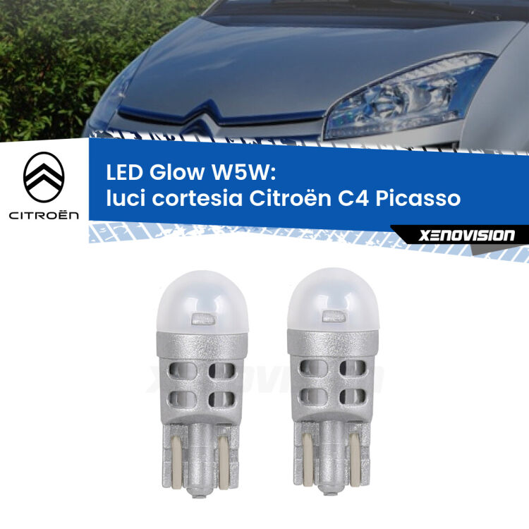 Luci Cortesia LED Citroën C4 Picasso  2006 - 2013: W5W Glow a Luce Calda <strong>Luci Cortesia LED luce calda per Citroën C4 Picasso</strong>  2006 - 2013. Coppia lampade <strong>W5W</strong> modello Glow di Xenovision.