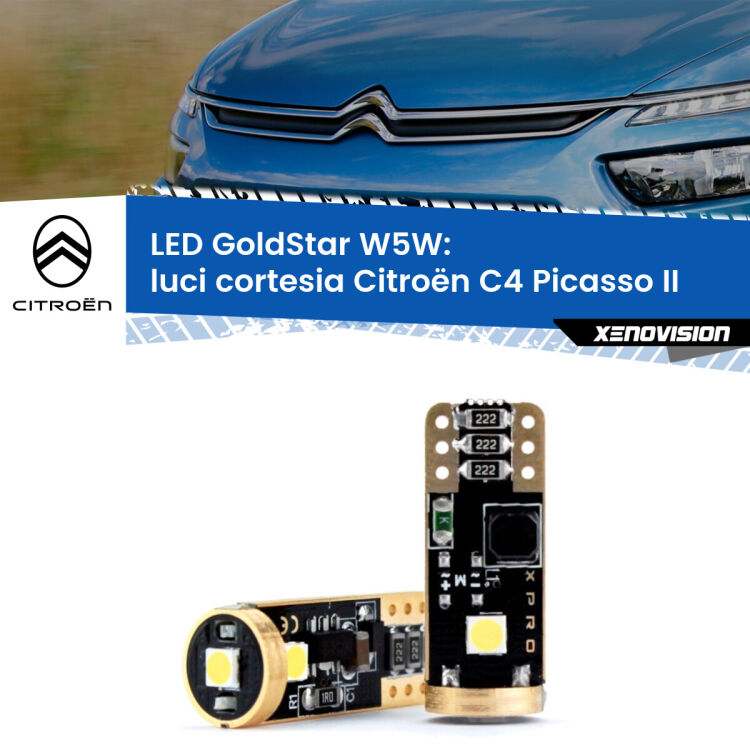 0 Luci Cortesia LED Citroën C4 Picasso II Versione 1: T10 GoldStar <strong>Luci Cortesia LED Citroën C4 Picasso</strong> II Versione 1: ottima luminosità a 360 gradi. Si inseriscono ovunque. Canbus, Top Quality.