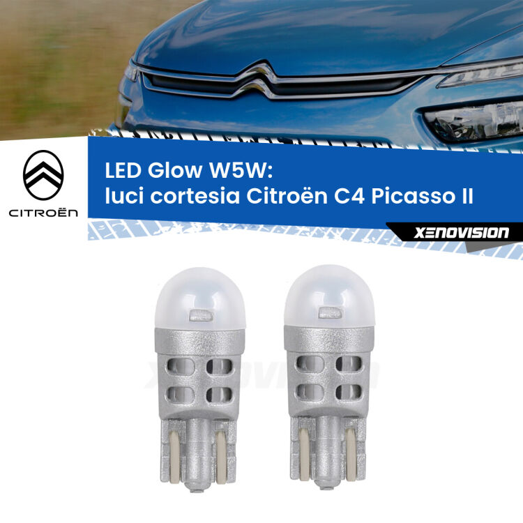 Luci Cortesia LED Citroën C4 Picasso II Versione 1: W5W Glow a Luce Calda <strong>Luci Cortesia LED luce calda per Citroën C4 Picasso</strong> II Versione 1. Coppia lampade <strong>W5W</strong> modello Glow di Xenovision.
