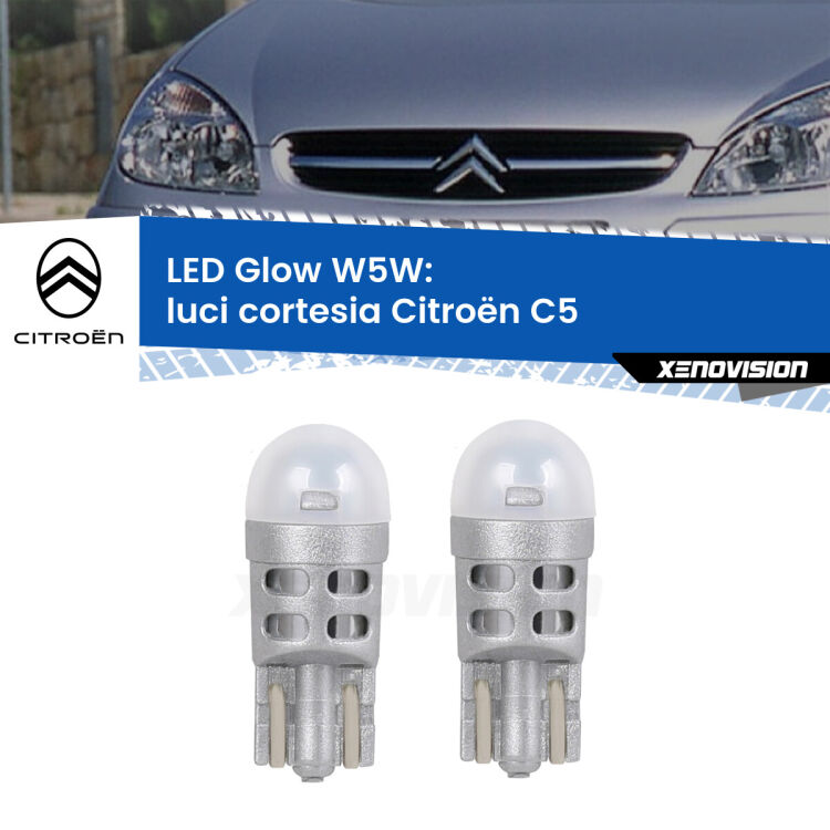0 Luci Cortesia LED Citroën C5 2001 - 2004: W5W Glow a Luce Calda <strong>Luci Cortesia LED luce calda per Citroën C5</strong> 2001 - 2004. Coppia lampade <strong>W5W</strong> modello Glow di Xenovision.