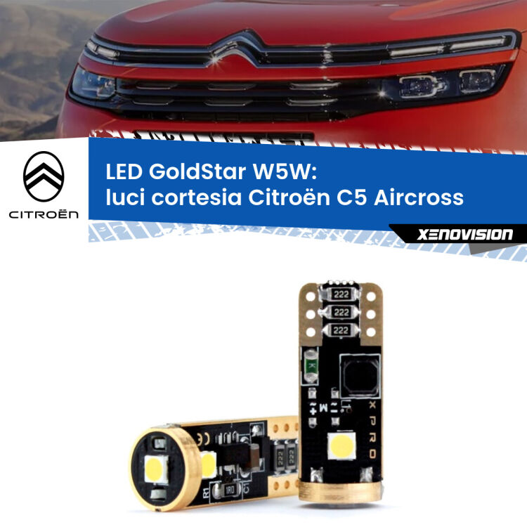 0 Luci Cortesia LED Citroën C5 Aircross 2017 in poi: T10 GoldStar <strong>Luci Cortesia LED Citroën C5 Aircross</strong> 2017 in poi: ottima luminosità a 360 gradi. Si inseriscono ovunque. Canbus, Top Quality.