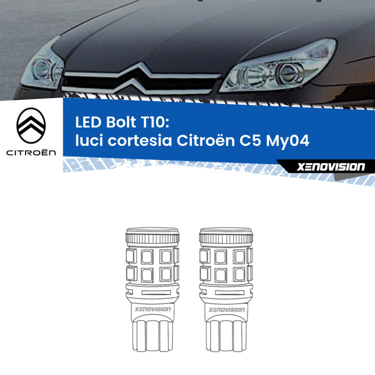 0 Luci Cortesia LED Citroën C5 My04 2004 - 2008: T10 Bolt <strong>Luci Cortesia LED per Citroën C5</strong> My04 2004 - 2008. Coppia lampade <strong>T10</strong> modello Bolt canbus.
