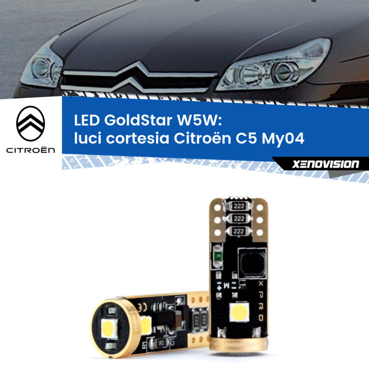 0 Luci Cortesia LED Citroën C5 My04 2004 - 2008: T10 GoldStar <strong>Luci Cortesia LED Citroën C5</strong> My04 2004 - 2008: ottima luminosità a 360 gradi. Si inseriscono ovunque. Canbus, Top Quality.
