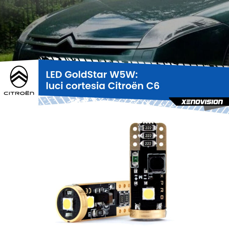 0 Luci Cortesia LED Citroën C6 2005 - 2012: T10 GoldStar <strong>Luci Cortesia LED Citroën C6</strong> 2005 - 2012: ottima luminosità a 360 gradi. Si inseriscono ovunque. Canbus, Top Quality.