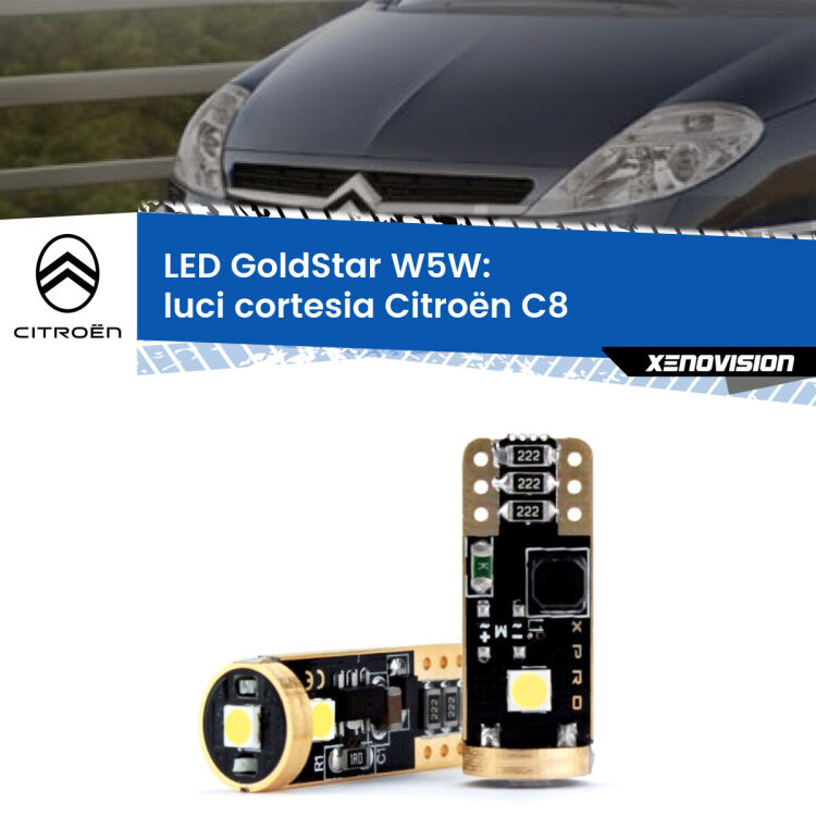 0 Luci Cortesia LED Citroën C8 2002 - 2010: T10 GoldStar <strong>Luci Cortesia LED Citroën C8</strong> 2002 - 2010: ottima luminosità a 360 gradi. Si inseriscono ovunque. Canbus, Top Quality.