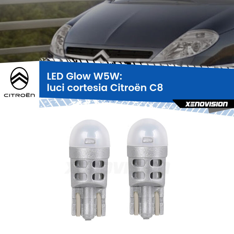 0 Luci Cortesia LED Citroën C8 2002 - 2010: W5W Glow a Luce Calda <strong>Luci Cortesia LED luce calda per Citroën C8</strong> 2002 - 2010. Coppia lampade <strong>W5W</strong> modello Glow di Xenovision.