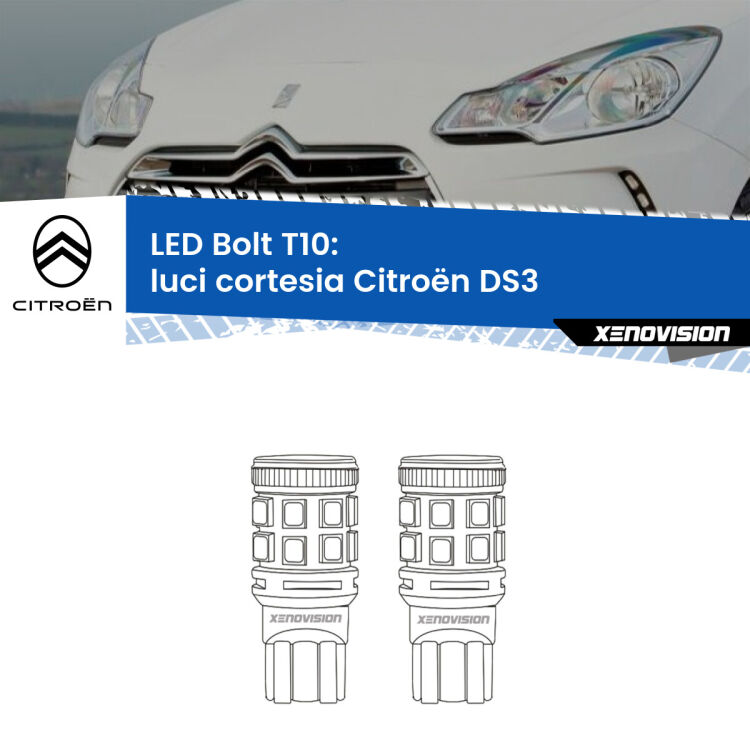 0 Luci Cortesia LED Citroën DS3 2009 - 2015: T10 Bolt <strong>Luci Cortesia LED per Citroën DS3</strong> 2009 - 2015. Coppia lampade <strong>T10</strong> modello Bolt canbus.