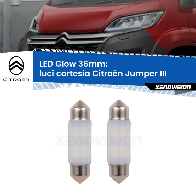 0 Luci Cortesia LED Citroën Jumper III in poi: C5W Glow a Luce Calda (Coppia) <strong>Luci Cortesia LED luce calda per Citroën Jumper</strong> III in poi. Coppia lampade <strong>C5W</strong> 36mm modello Glow di Xenovision.