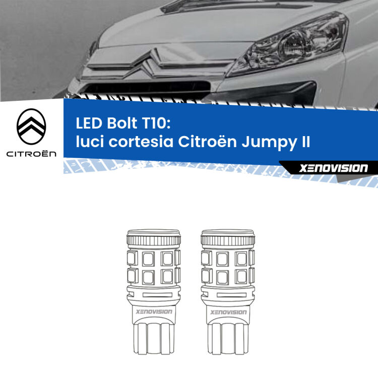 0 Luci Cortesia LED Citroën Jumpy II 2006 - 2015: T10 Bolt <strong>Luci Cortesia LED per Citroën Jumpy</strong> II 2006 - 2015. Coppia lampade <strong>T10</strong> modello Bolt canbus.