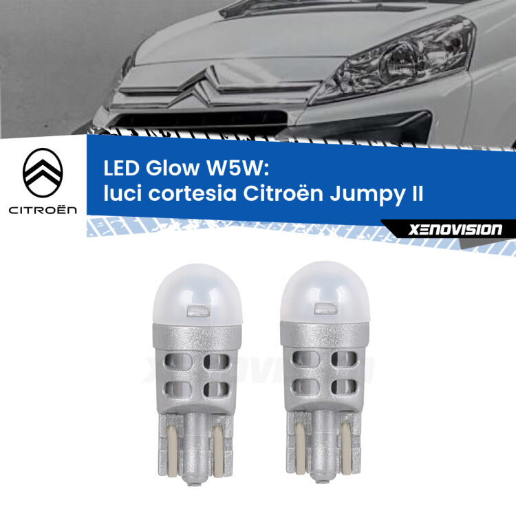 0 Luci Cortesia LED Citroën Jumpy II 2006 - 2015: W5W Glow a Luce Calda <strong>Luci Cortesia LED luce calda per Citroën Jumpy</strong> II 2006 - 2015. Coppia lampade <strong>W5W</strong> modello Glow di Xenovision.