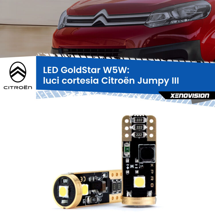 0 Luci Cortesia LED Citroën Jumpy III 2016 in poi: T10 GoldStar <strong>Luci Cortesia LED Citroën Jumpy</strong> III 2016 in poi: ottima luminosità a 360 gradi. Si inseriscono ovunque. Canbus, Top Quality.