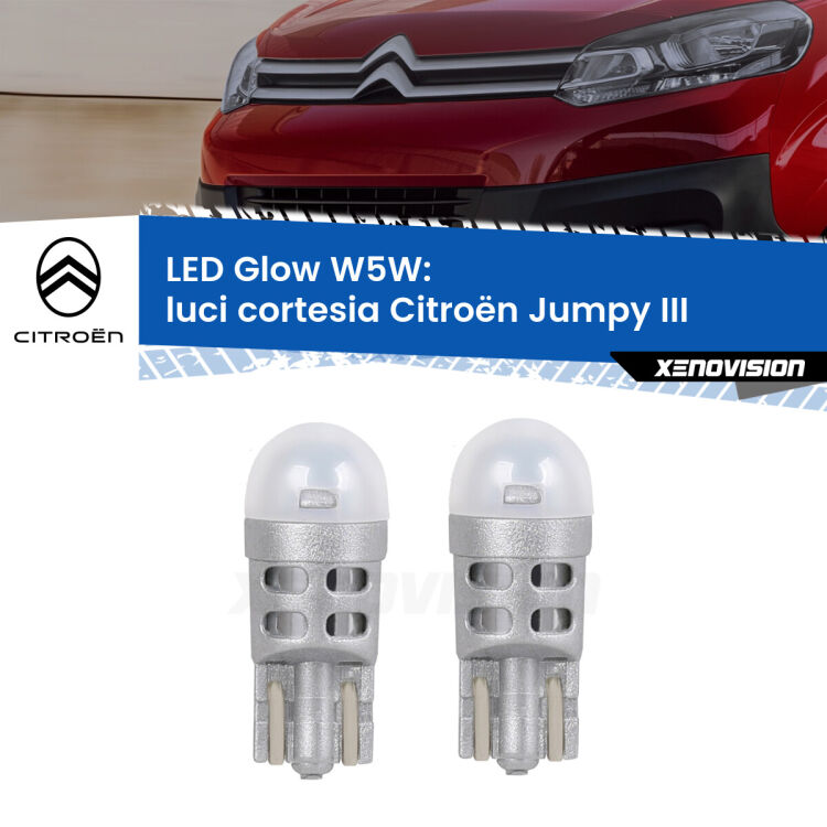 Luci Cortesia LED Citroën Jumpy III 2016 in poi: W5W Glow a Luce Calda <strong>Luci Cortesia LED luce calda per Citroën Jumpy</strong> III 2016 in poi. Coppia lampade <strong>W5W</strong> modello Glow di Xenovision.