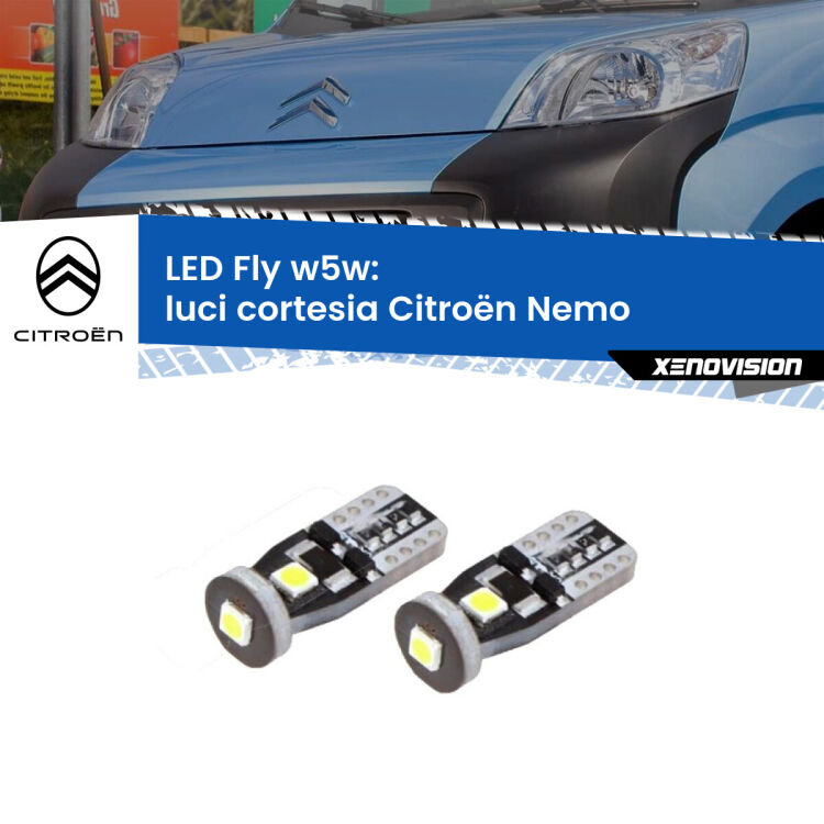 0 Luci Cortesia LED Citroën Nemo 2008 in poi: W5W Fly <strong>luci cortesia LED per Citroën Nemo</strong> 2008 in poi. Coppia lampadine <strong>w5w</strong> Canbus compatte modello Fly Xenovision.