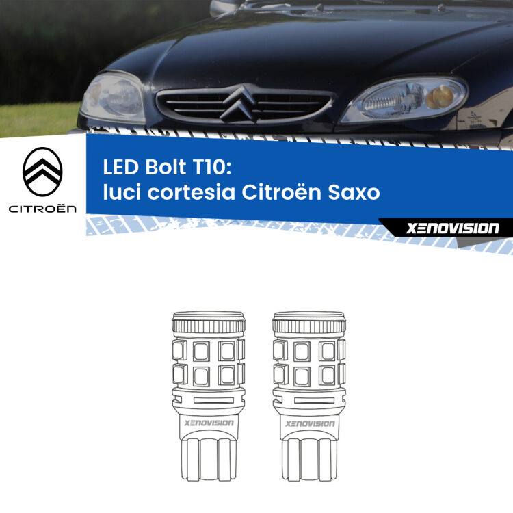 0 Luci Cortesia LED Citroën Saxo 1996 - 2004: T10 Bolt <strong>Luci Cortesia LED per Citroën Saxo</strong> 1996 - 2004. Coppia lampade <strong>T10</strong> modello Bolt canbus.