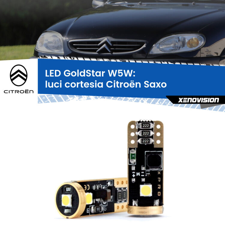 0 Luci Cortesia LED Citroën Saxo 1996 - 2004: T10 GoldStar <strong>Luci Cortesia LED Citroën Saxo</strong> 1996 - 2004: ottima luminosità a 360 gradi. Si inseriscono ovunque. Canbus, Top Quality.