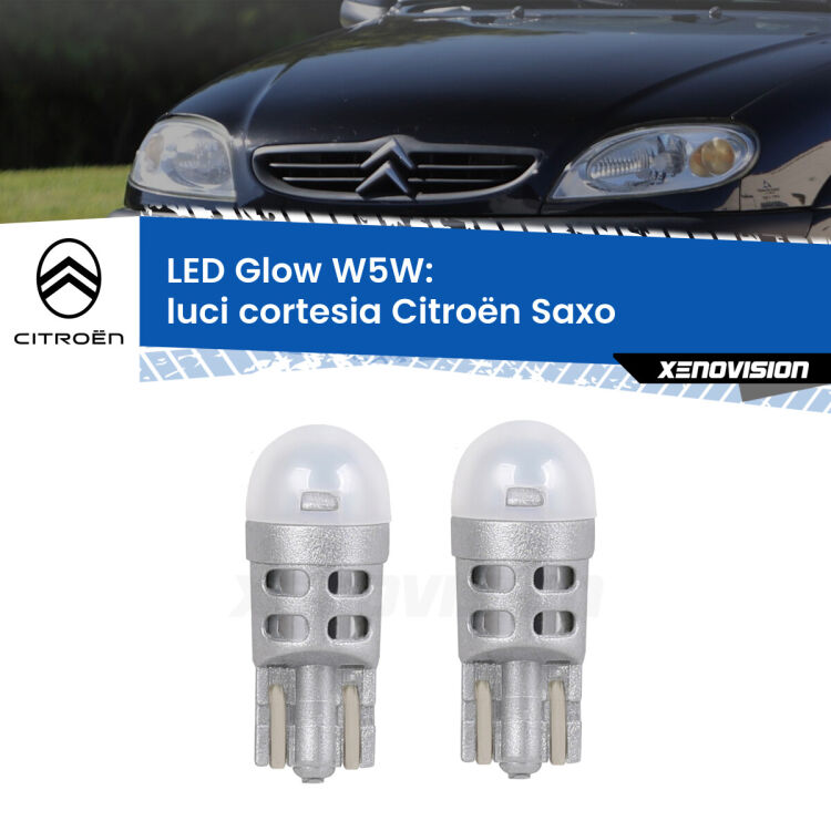 0 Luci Cortesia LED Citroën Saxo 1996 - 2004: W5W Glow a Luce Calda <strong>Luci Cortesia LED luce calda per Citroën Saxo</strong> 1996 - 2004. Coppia lampade <strong>W5W</strong> modello Glow di Xenovision.
