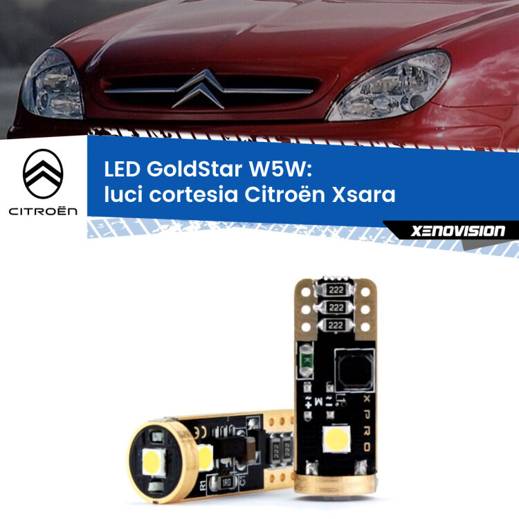 0 Luci Cortesia LED Citroën Xsara 1997 - 2005: T10 GoldStar <strong>Luci Cortesia LED Citroën Xsara</strong> 1997 - 2005: ottima luminosità a 360 gradi. Si inseriscono ovunque. Canbus, Top Quality.