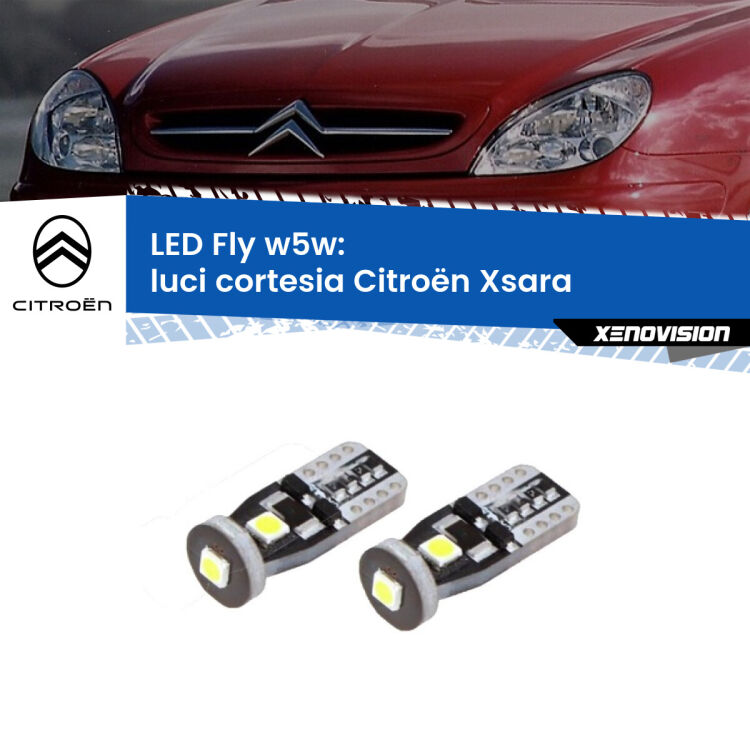 0 Luci Cortesia LED Citroën Xsara 1997 - 2005: W5W Fly <strong>luci cortesia LED per Citroën Xsara</strong> 1997 - 2005. Coppia lampadine <strong>w5w</strong> Canbus compatte modello Fly Xenovision.
