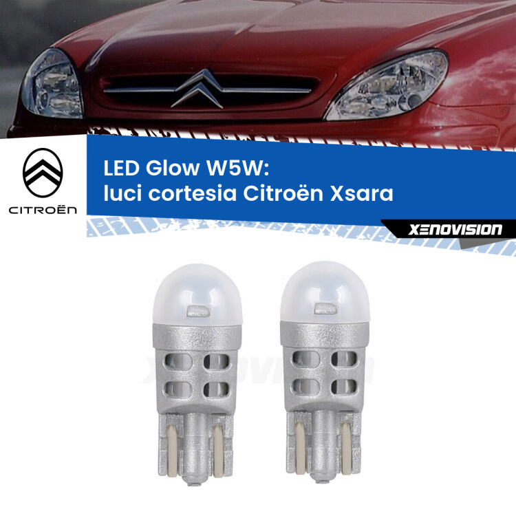 0 Luci Cortesia LED Citroën Xsara 1997 - 2005: W5W Glow a Luce Calda <strong>Luci Cortesia LED luce calda per Citroën Xsara</strong> 1997 - 2005. Coppia lampade <strong>W5W</strong> modello Glow di Xenovision.