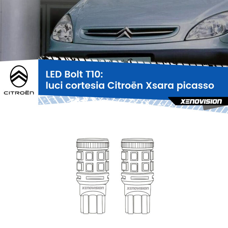 Luci Cortesia LED Citroën Xsara picasso  1999 - 2012: T10 Bolt <strong>Luci Cortesia LED per Citroën Xsara picasso</strong>  1999 - 2012. Coppia lampade <strong>T10</strong> modello Bolt canbus.