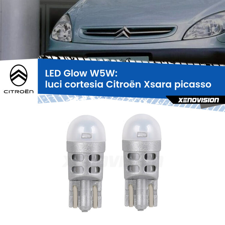 Luci Cortesia LED Citroën Xsara picasso  1999 - 2012: W5W Glow a Luce Calda <strong>Luci Cortesia LED luce calda per Citroën Xsara picasso</strong>  1999 - 2012. Coppia lampade <strong>W5W</strong> modello Glow di Xenovision.