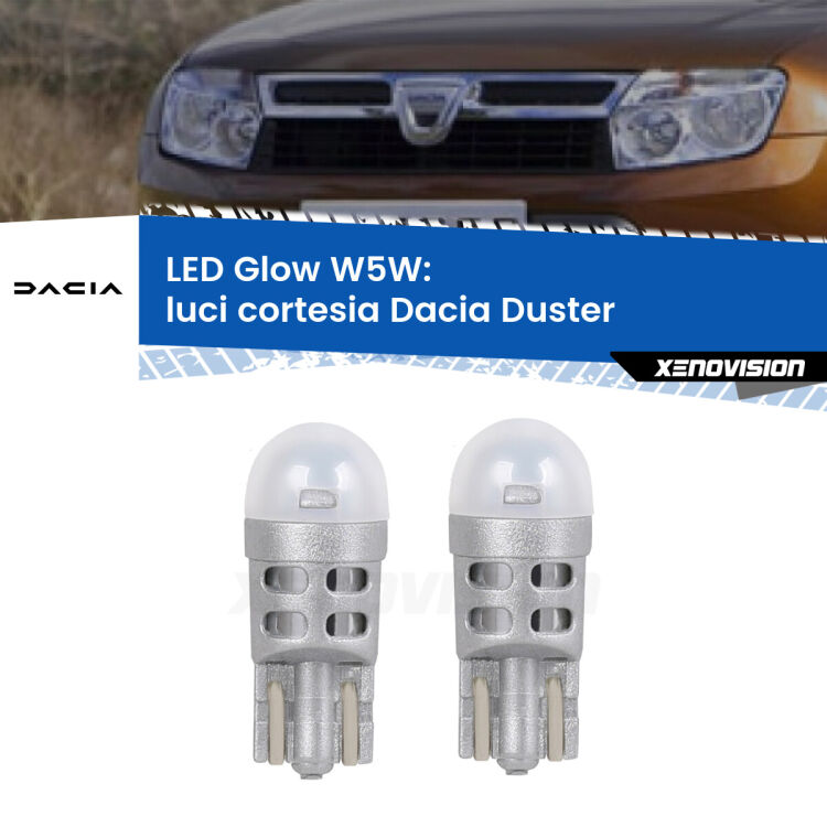 0 Luci Cortesia LED Dacia Duster  2010 - 2016: W5W Glow a Luce Calda <strong>Luci Cortesia LED luce calda per Dacia Duster</strong>  2010 - 2016. Coppia lampade <strong>W5W</strong> modello Glow di Xenovision.