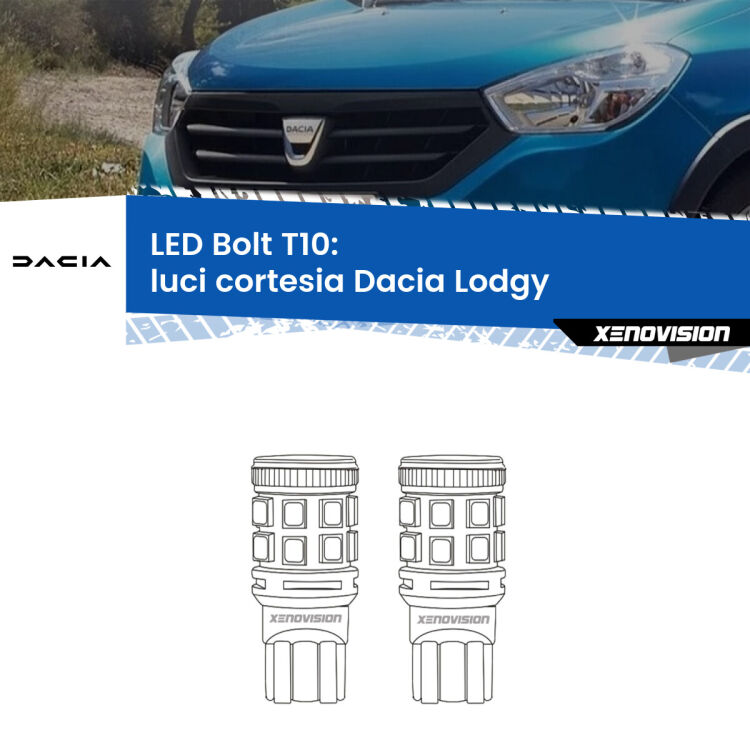 0 Luci Cortesia LED Dacia Lodgy 2012 in poi: T10 Bolt <strong>Luci Cortesia LED per Dacia Lodgy</strong> 2012 in poi. Coppia lampade <strong>T10</strong> modello Bolt canbus.