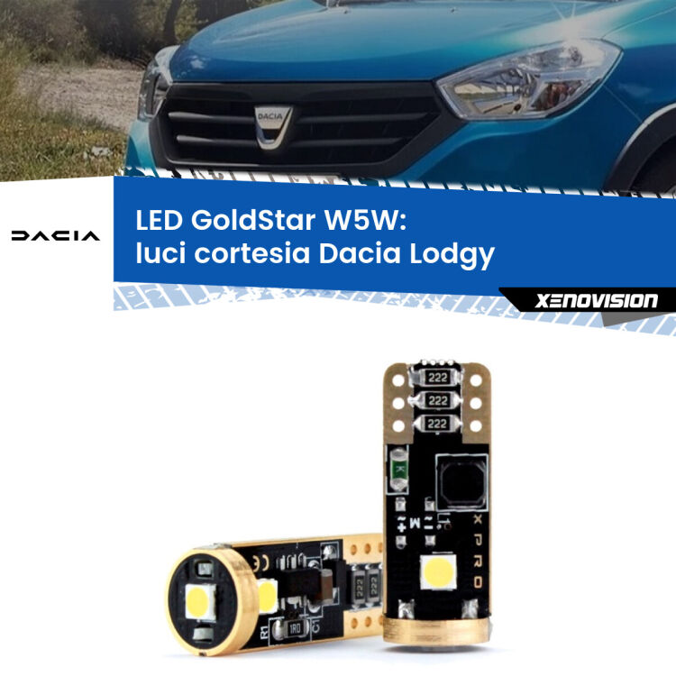 0 Luci Cortesia LED Dacia Lodgy 2012 in poi: T10 GoldStar <strong>Luci Cortesia LED Dacia Lodgy</strong> 2012 in poi: ottima luminosità a 360 gradi. Si inseriscono ovunque. Canbus, Top Quality.